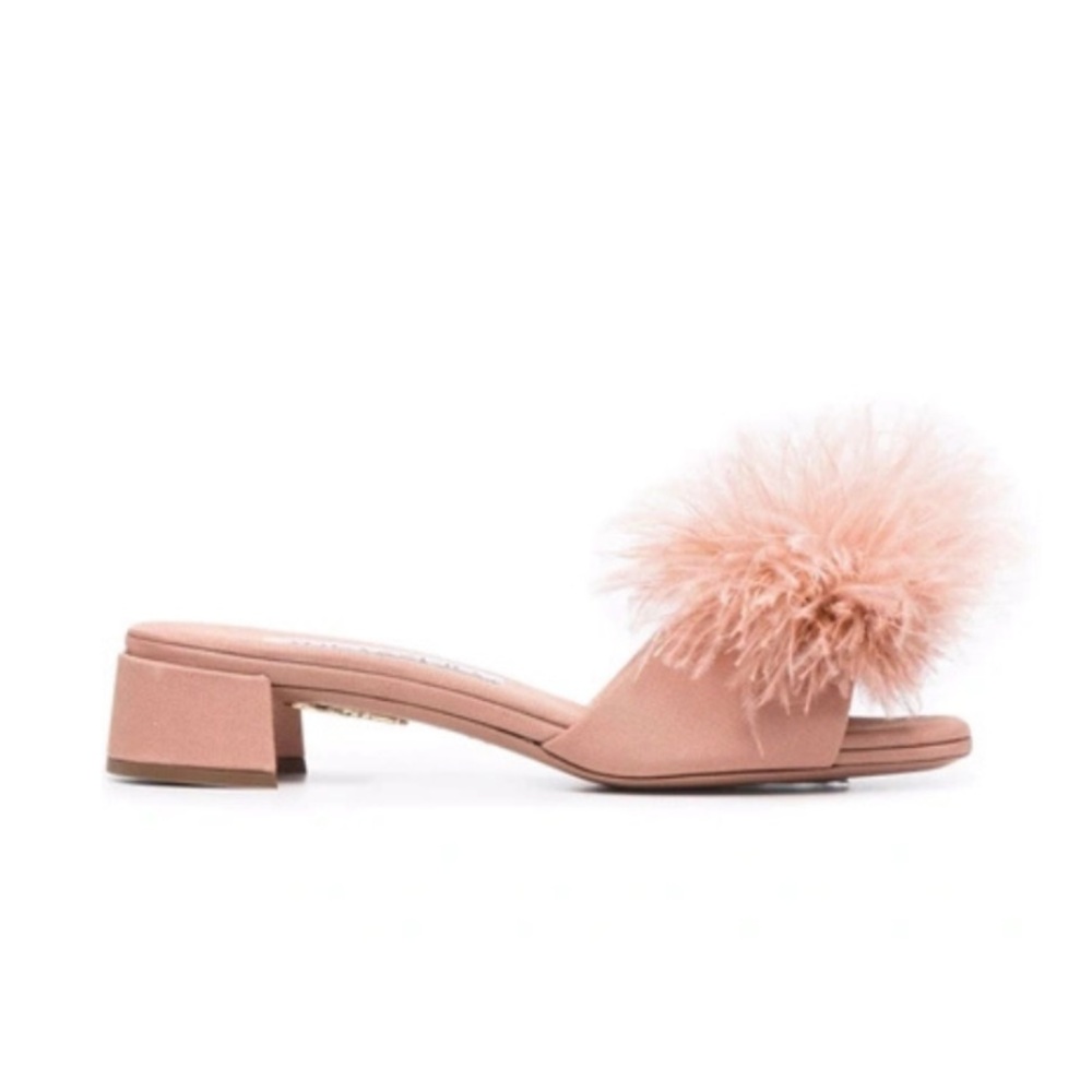 NEW NIB AQUAZZURA Boudoir 30mm Feather-trim Sandals In Rosa 37.5 - Picture 2 of 7